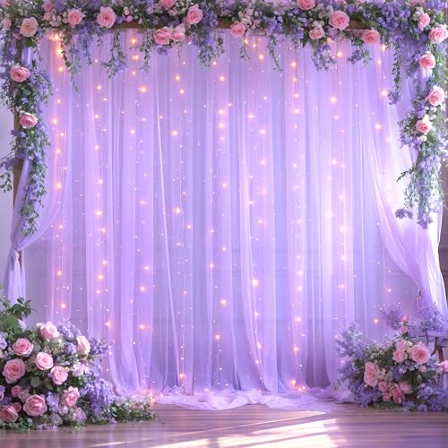 Lavendel Tüll Foto-Hintergrund Vorhang mit Lichterkette für Partys, Hochzeit, Brautparty, durchsichtiger Lavendel Vorhang Hintergrund für Geburtstagsf