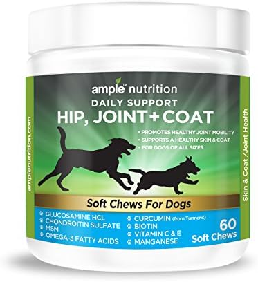 All-Natural Hip &amp; Joint Soft Treats | Organic Turmeric, Chondroitin, MSM, Omega-3, Biotin, and Glucosamine for Dogs | Supports Healthy Joints | Hip Dysplasia | 60 Soft Chew Treats | Made in USA