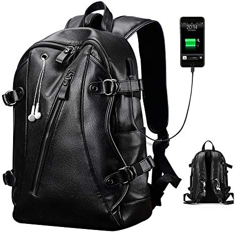 Men Leather Backpack, Big Slim Business PU Soft Anti Theft Backpack for Men Women School College Bookbag Travel Laptop Computer (15.6" 15" 13" 14") Bags with Headphone Ports & USB Charging Port
