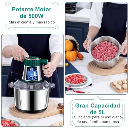 AHILAX Molino de Carne Electrico 5L, Picadora Eléctrica Acero Inoxidable Gran Capacidad Batidora 5 Engranajes Procesador de Alimentos Verduras Alta Potencia con 5 Cuchillas Afiladas