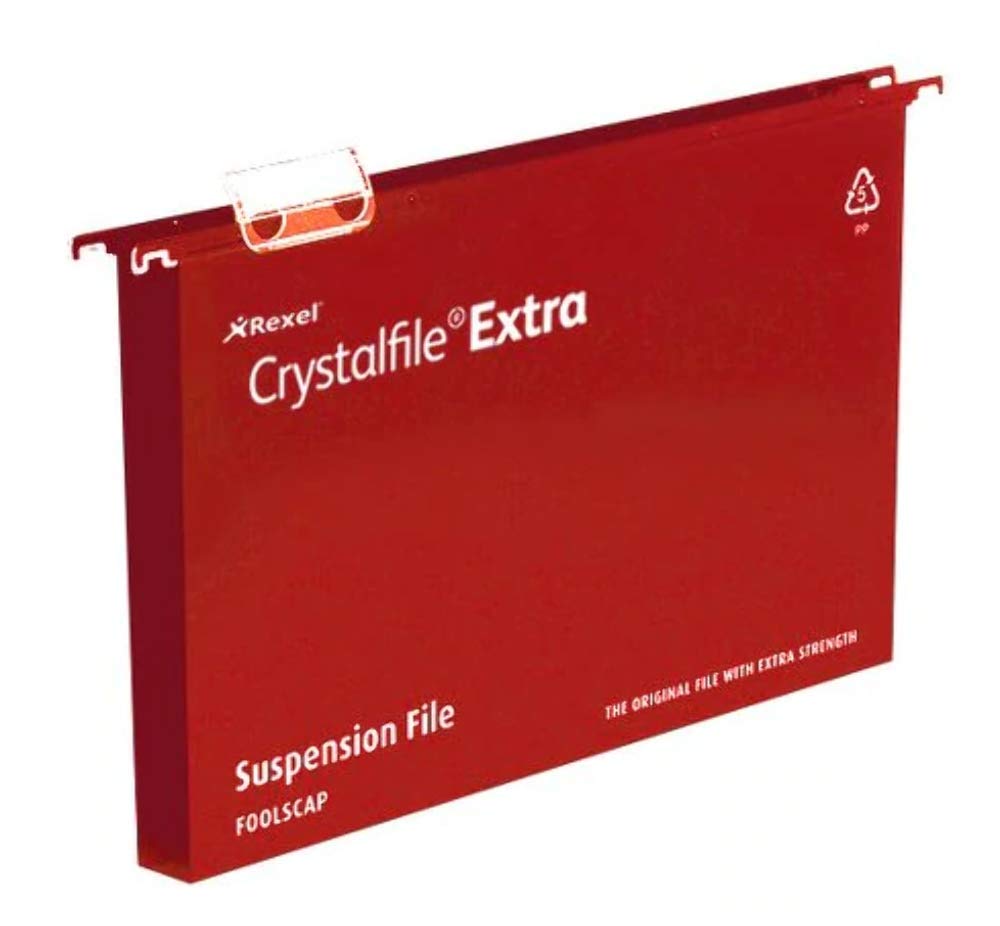 Rexel Foolscap Heavy Duty Suspension Files with Tabs and Inserts for Filing Cabinets, 30 mm base, Polypropylene, Red, Crystalfile Extra, Pack of 25, 70632