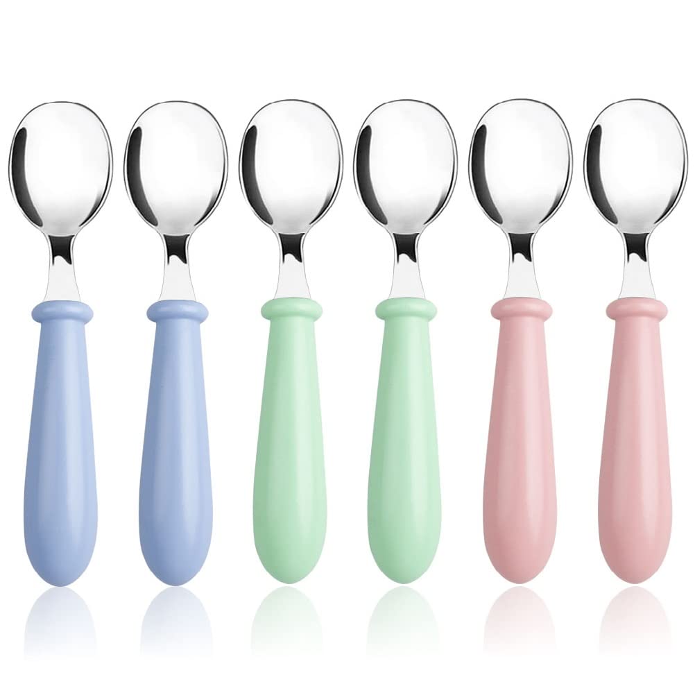 Pimoys 6 Pieces Toddler Spoons Baby Spoons for Self-Feeding, Stainless Steel Kids Spoons with Round Handle Metal Toddler Utensils Children's Silverware Set BPA Free, Dishwasher Safe