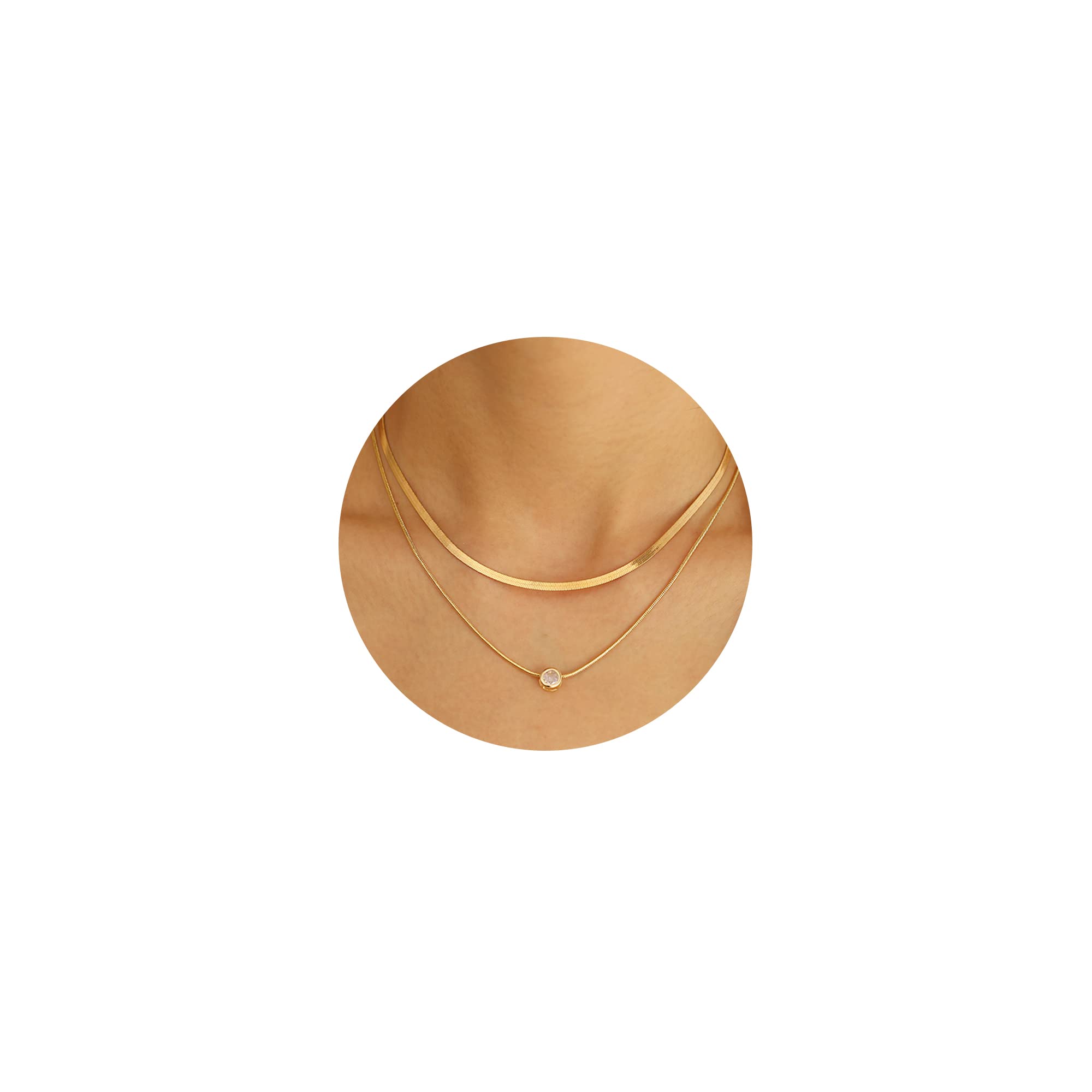 17 MILE Gold Layered Choker Necklace for Women, 14K Real Gold Plated CZ Pendant Necklace, Dainty Flat Snake Chain Layering Necklace for Gift