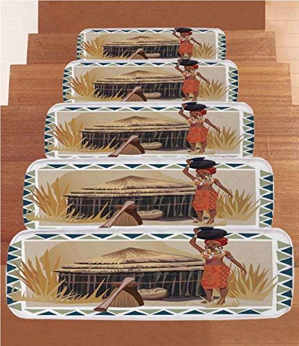 Afro Decor Coral Fleece Stair Treads,Stair Tread Mats,Native African Lady Carrying A Pot Traditional Ethnic Savannah Life Artful Graphic,(Set of 5) 8.6"x27.5"Multi