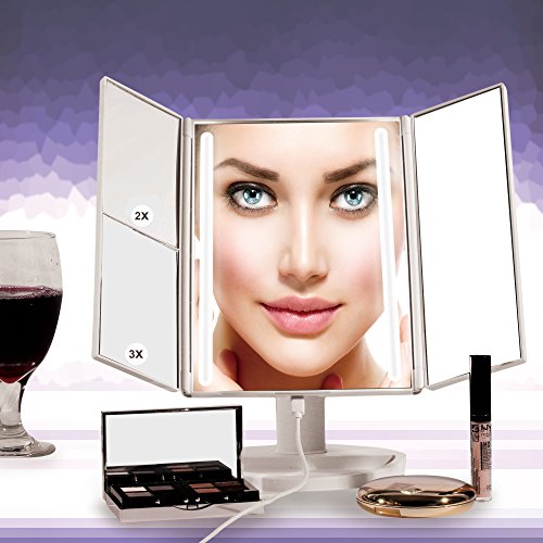 Makeup Mirror, LED Vanity Mirror with Dual Strip LED Lights - 3X/2X Magnifying Tri-Fold Countertop Cosmetic Mirror for Bedroom, Bathroom. Portable Design, Touch Screen and 180° Adjustable Rotation
