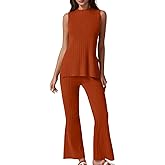 QINSEN Lounge Sets for Women Two Piece Outfits Knit Sleeveless Vented Hemline Tops Wide Leg Pants Sweater Sets