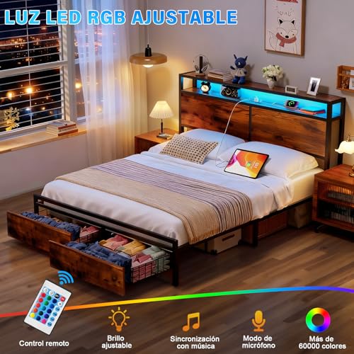 WELIKERA Marco de Cama con 2 Cajones, Base Cama King Cabecera con Luces Led, Base de Cama con Cabecera Estación de Carga USB y Espacio de Almacenamiento, Cama King Marco de Cama Fácil Montaje