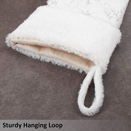 GMOEGEFT Snowy White Faux Fur Christmas Stocking with Sparkly Silver Snowflake Sequins, Xmas Sock Mantle Hanging Ornament, Holiday Decoration