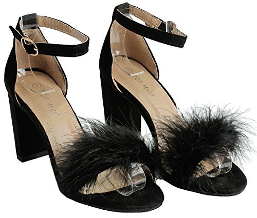 Women's Black Fluffy Feather Strappy Open Toe Mary Jane Faux Suede Pom Pom Block Heel Dress Sandal-5