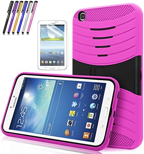 Windrew Heavy Duty rugged impact Hybrid Case with Build In Kickstand Protective Case For Samsung Galaxy Tab 3 8.0 SM-T3100 /T3110 8.0 Inch Tablet + Screen Protector and Stylus Pen (Pink)