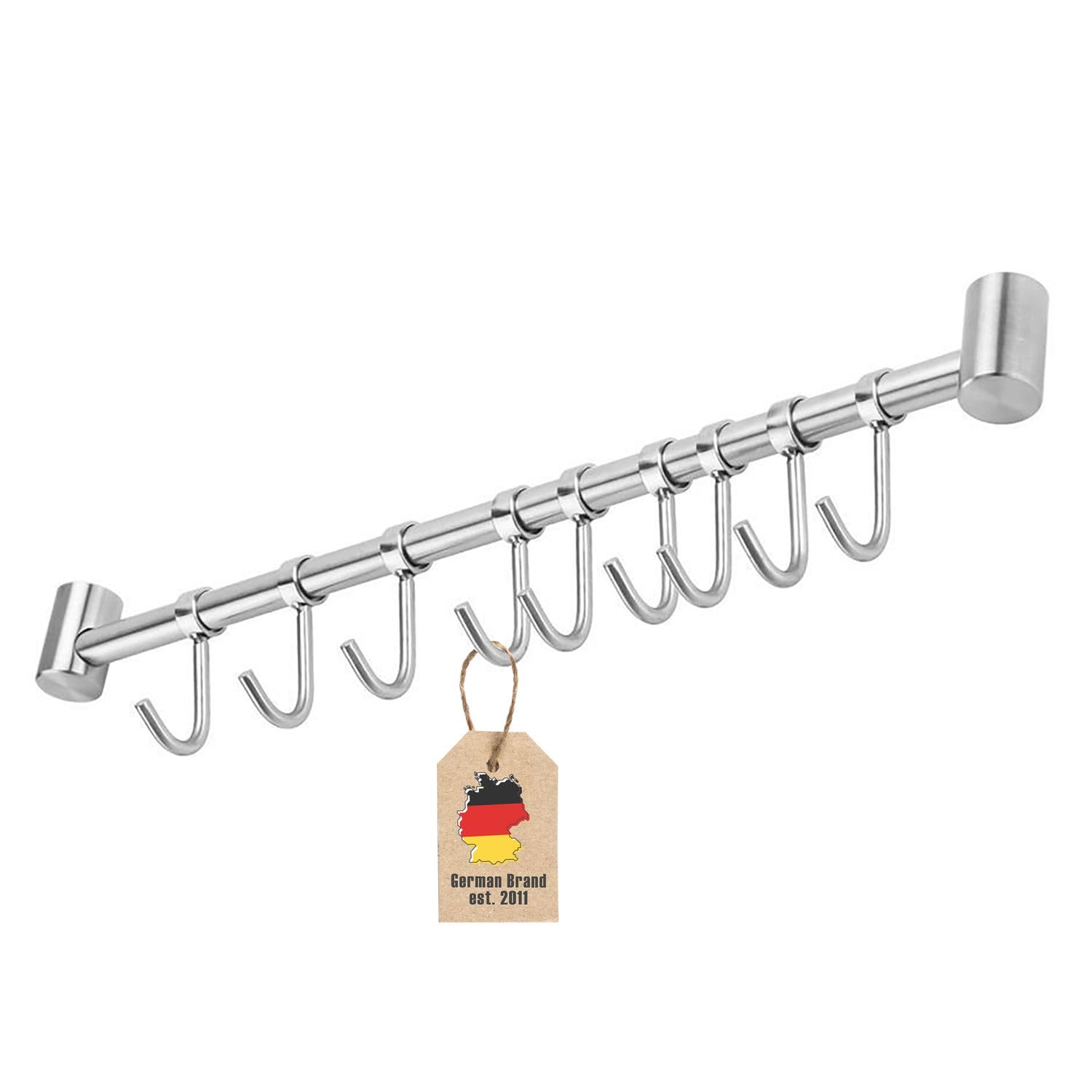 Intirilife Hanging Rail for The Kitchen Made of Stainless Steel with 9 Movable Hooks for Drilling - 49.8 x 3.4 x 2.2 cm - Kitchen Railing Hook Rail Holder Kitchen Utensils Rod Cup Holder Wall Holder