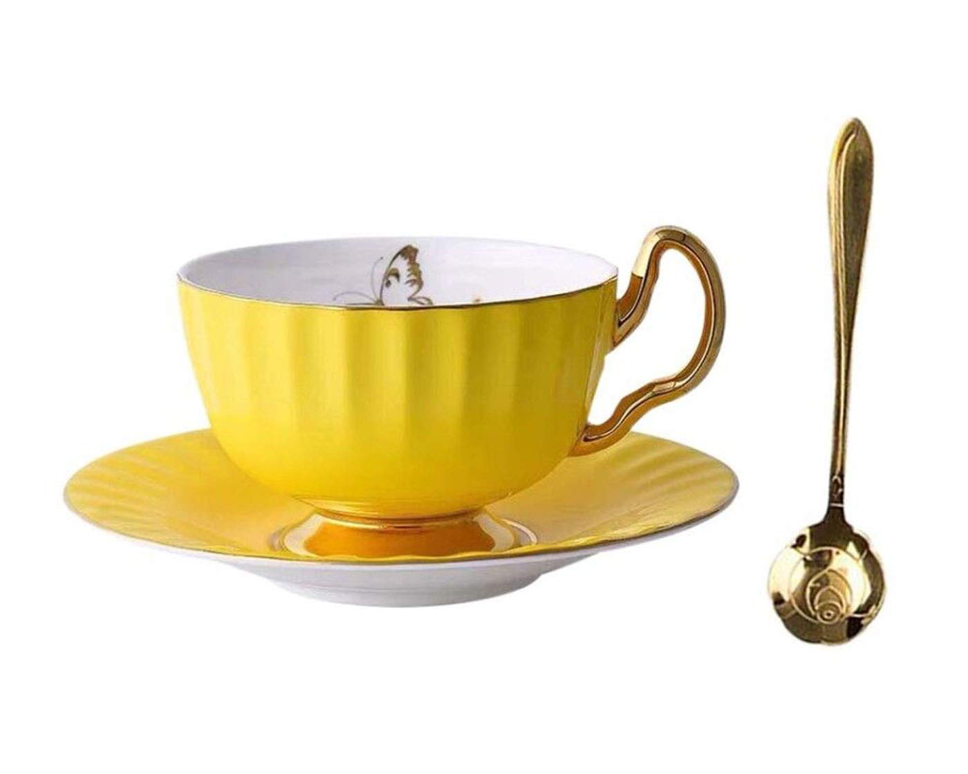 YBK Tech Bone China Cup and Saucer Set Ceramic Tea Coffee Cup for Breakfast Afternoon Tea - Butterfly and Elegance Series (Yellow)