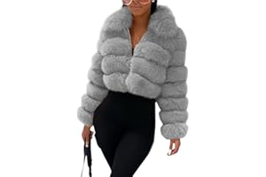 loveimgs Women Fluffy Faux Fur Coat Cropped Jacket Puffer Jacket Zip Up Winter Warm Fuzzy Teddy Jacket