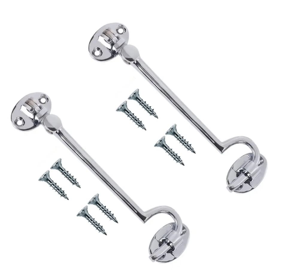 TERF® 150mm Heavy Duty Polished Chrome Cabin Door Hook and Eye Lock 150mm (6 inch) Cabinet Latch including Fixing Screw For Door Gate Window Closet Shed Latch - Pack of 2