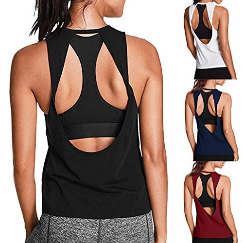 Inverlee Women Activewear Sexy Open Back Yoga Shirt Workout Sports Gym Tank Tops Vest Navy - Thumbnail 5