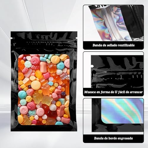 YUHOHO 500 Bolsas Dealmacenamiento Láser Bolsa A Prueba Olores 12*9cm,Bolsa Holográfica Multiusos,Bolsas Herméticas Reutilizables,Bolsa Almacenamiento,Pouch,Bolsa Ziplock para Almacenamiento Alimentos