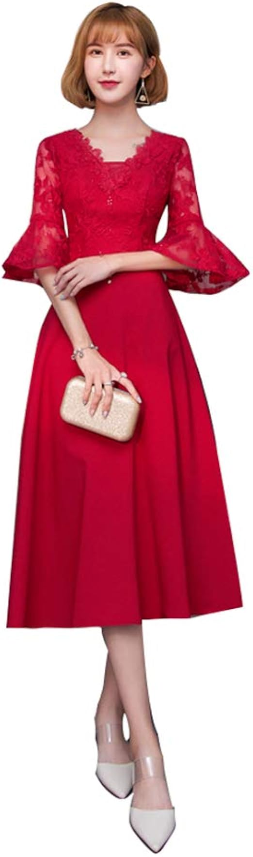 Amazon 半袖 ラウンドネック 披露宴 花嫁 編み上げタイプ 気質 撮影 プリンセスライン ハイウエスト ウェディングドレス パーティードレス セクシー 卒業式 ミモレ丈 ミモレドレス パーティードレス 通販