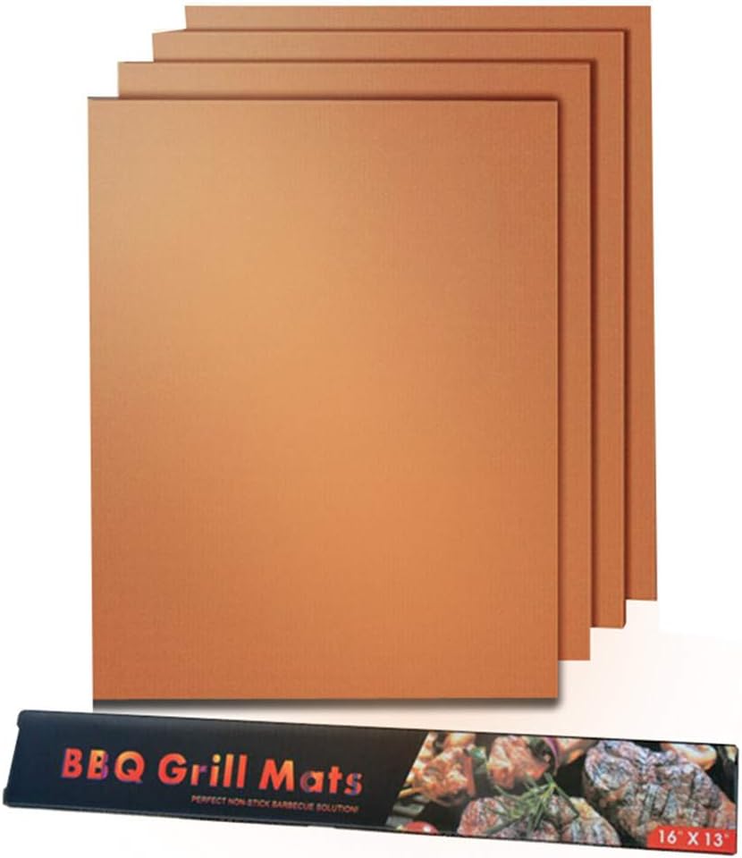 Grill Mat,BBQ Sheets Non Stick Reusable Washable Heat Resistant 260℃ for Charcoal Gas Electric Grill to Grilling Meat Veggies Seafood Eggs 4 Packs Copper
