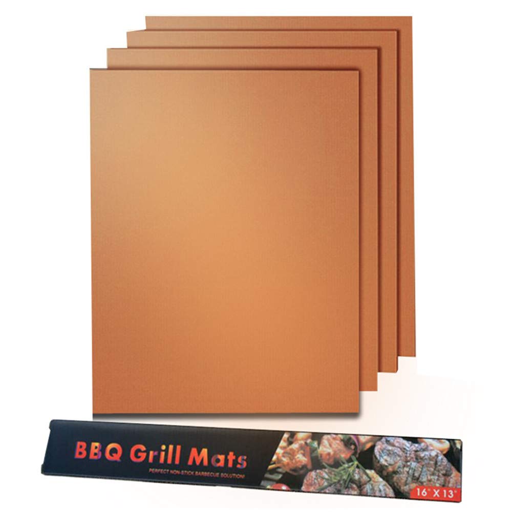 Grill Mat,BBQ Sheets Non Stick Reusable Washable Heat Resistant 260℃ for Charcoal Gas Electric Grill to Grilling Meat Veggies Seafood Eggs 4 Packs Copper