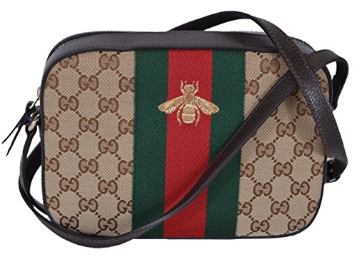 Gucci Women's Canvas and Leather Green Red Web BEE Crossbody Bag (Beige)