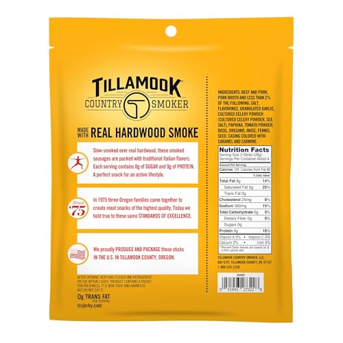 TILLAMOOK COUNTRY SMOKER SMOKED SAUSAGE, ZERO SUGAR, ITALIAN STYLE, 4 OUNCE (1 PACK) REAL HARDWOOD SMOKED ITALIAN SAUSAGES, LOW CARB, HIGH PROTEIN, READY TO EAT KETO SNACK