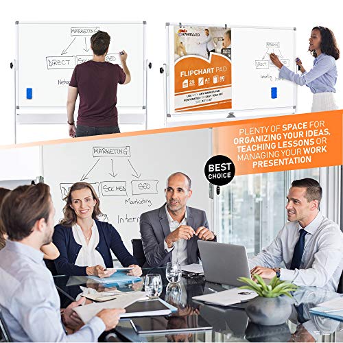 Mobile Whiteboard - Large Adjustable Height 360° Reversible Double Sided Dry Erase Board - Magnetic White Board on Wheels - Portable Rolling Easel with Stand, Flip Chart Holders, Paper Pad | 70x36