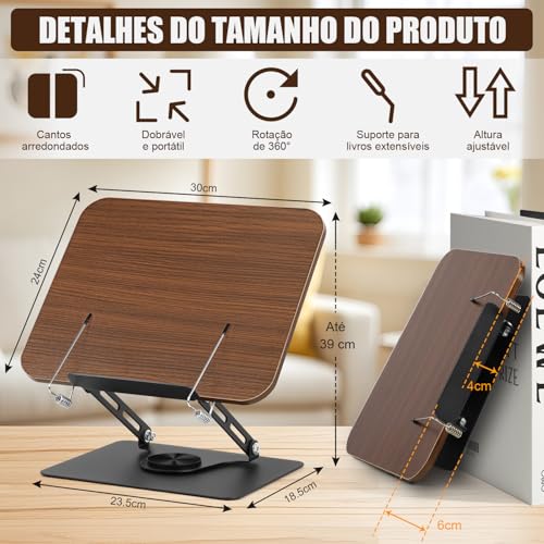 360° Suporte de Livro para Leitura com Base GiratóRia, Suporte para Livros Leitura, Apoio de Leitura, Apoio de Leitura Livro, Designs Dobráveis e Clipes Elásticos, Estante de Leitura