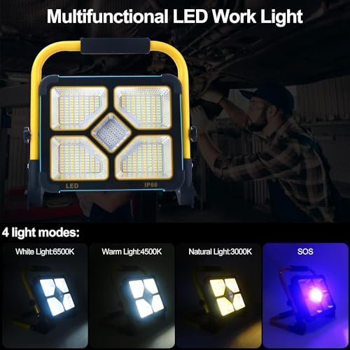 100W Reflector Solar Exterior Interior Portátil,Luz de Trabajo Led Recargable, 4 Modos, Luces de Campamento al Aire Libre Súper Brillantes, Senderismo, Iluminación del Lugar de Trabajo, Emergencia