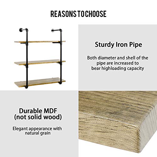 YU YUSING 3 Tier Industrial Pipe Shelf with wood & Metal, Rustic Hanging Wall Shelves for Bedrooms, Bathroom Shelving, Kitchens Coffee Shops or Bar Storage