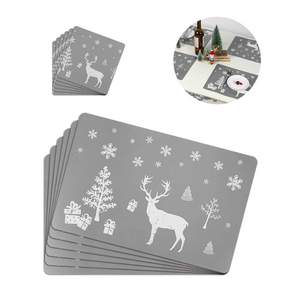 Lifreer Christmas Placemats, 6PCS Christmas Table Mat and 6PCS Cup Mats with Christmas Elk Pattern for Christmas Dining Table Decorations (Grey)