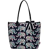 Floral Elephant Print Quilted Large Stripe Ribbon Tote Bag