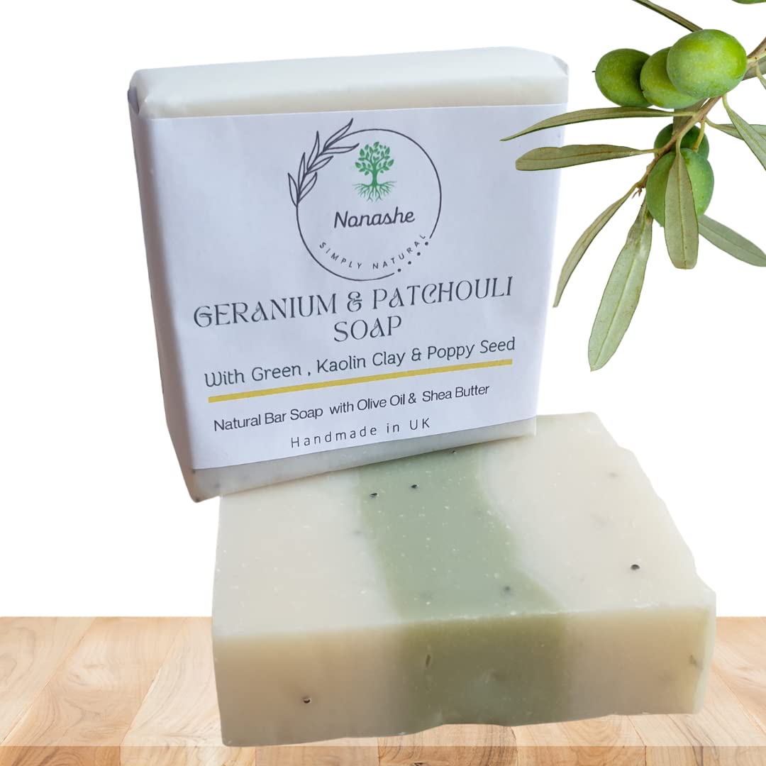 Nonashe Handmade Cleansing Soap With Olive Oil, Shea Butter, Natural Ingredients, Vegan & Palm Oil Free, Face & Body Soap for Women & Men (Geranium & Patchouli, With Green,Kaolin Clay,Poppy Seed,50g)