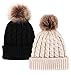 Simplicity Women Beanies Winter Faux Fur Pompoms Beanie 2 Pieces, Black/Cream