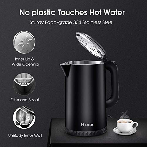 Habor Electric Kettle, 100% Stainless Steel Hot Water Water Boiler, 1500W 1.7L Fast Boiling Tea Water Heater, Auto Shut-Off Protection