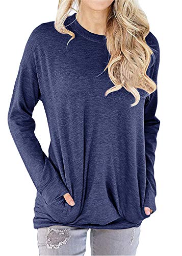 TWKIOUE Round Neck Sweatshirt, Women Solid Color Round Neck Casual Loose Long Sleeve Sweatshirt T-Shirts Tops Blouse Navy Blue S