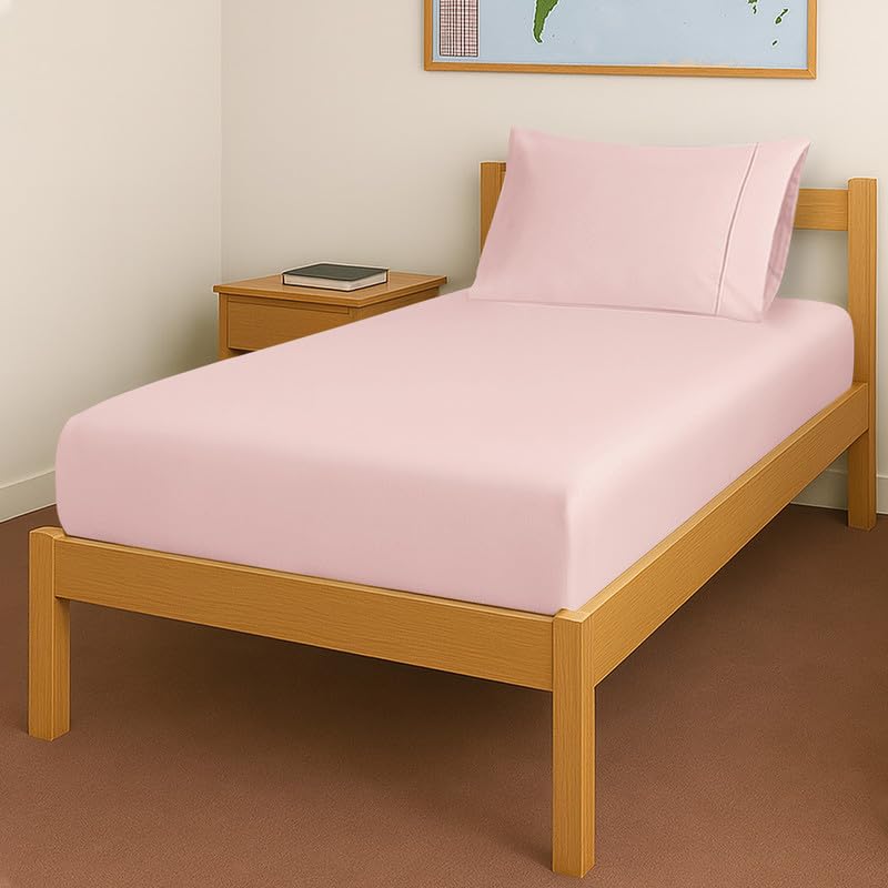 Pizuna 100% Cotton Light Pink Fitted Sheet + 2 Pillowcases Set 400TC Twin XL Sateen Weave 15" Deep Pocket Fitted Bottom Sheet Luxurious Cooling Twin XL Bedding Set Image