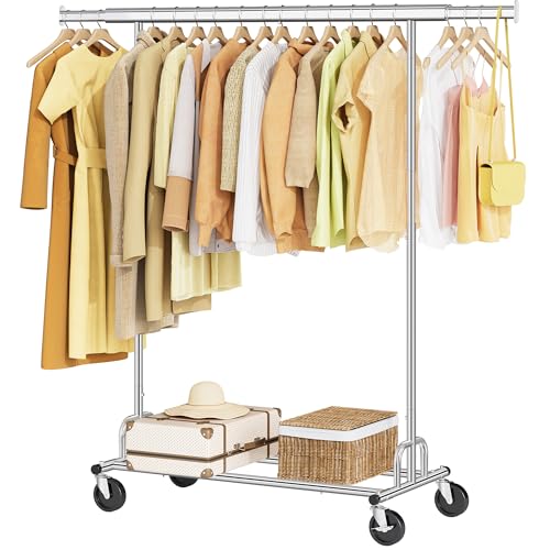 Tajsoon Clothing Rack Heavy Duty Clothes Rack Load 350 LBS, Rolling Clothes Racks for Hanging Clothes with Wheels & Extendable Rod, Collapsible Garment Rack with Bottom Shelf, Commercial, Chrome