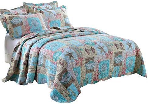 XUKEJU Beach Theme 3-Piece Quilt Set Queen 100% Cotton in Seashell Pattern Quilted Bedspread Set, Lightweight&Reversible-Full/Queen(86"x96")