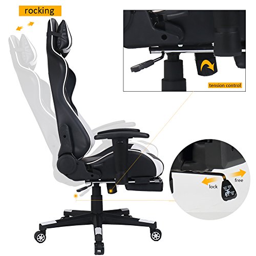 Zenith High Back PU Leather Swivel Gaming Chair with Adjustable Armrest Lumbar Support Headrest Footrest Racing Office Chair (white plus)