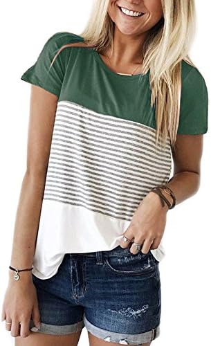 SLAVE ME Women Short Sleeve Round Neck Triple Color Block Stripe T-Shirt Tops Casual Blouse DarkGreen M