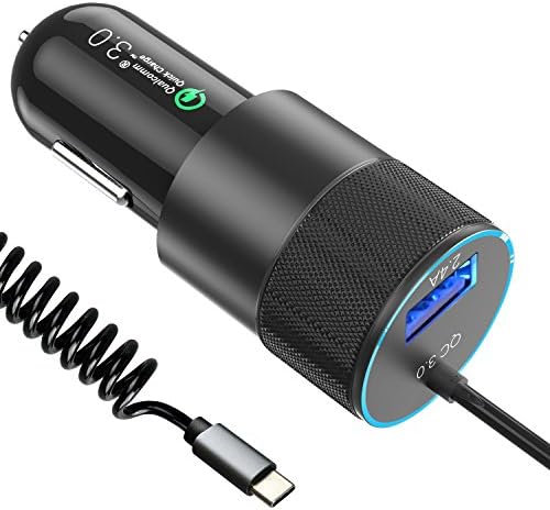 USB Type C Car Charger, 36W USB Car Charger with Quick Charge 3.0 Technology,Built-in Coiled Type C Cable for Nexus 6P 5X, LG G6, Galaxy S8/S8+,Note 8,Pixel 2/2 XL,OnePlus,[with Extra USB Port]