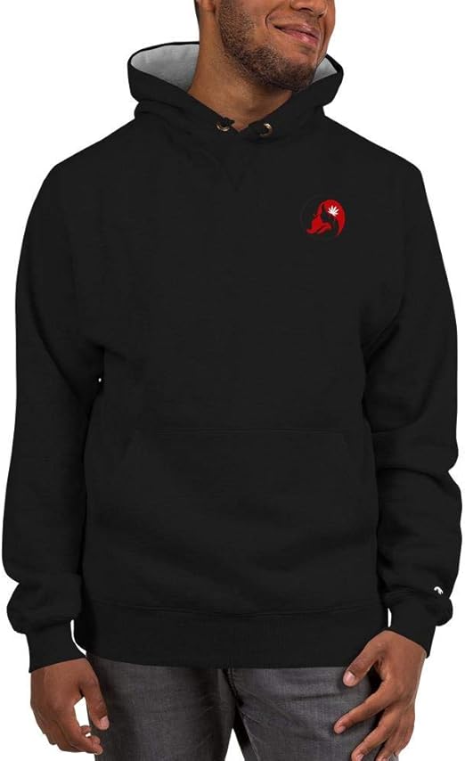 black champion hoodie with red logo