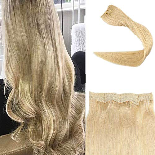Full Shine 12 Inch 100% Real Hair Halo Extensions Color #613 Blonde Hair Flip On Crown Extensions Remy Human Hair Secret Fish Line One Piece 70g Per Set