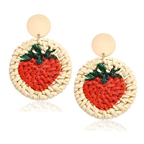 CEALXHENY Rattan Earrings Straw Wicker Braid Earrings Tropical Fruit Print Drop Dangle Earrings Handmade Statement Earrings for Women Girls (Strawberry)