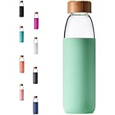 veegoal 18 Oz Borosilicate Glass Water Bottles with Bamboo Lid, BPA-FREE, Non-Slip Silicone Sleeve, and Stainless Steel Leak Proof Lid - Reusable Glass Bottle for Men and Women