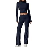 QINSEN Womens 2 Piece Lounge Sets Mock Neck Long Sleeve Tops with Side Ruched Fold Over Flare Pants Comfy Tracksuits