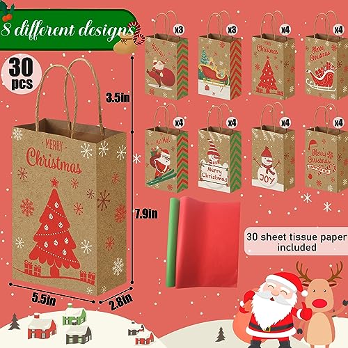 VGOODALL 30PCS Christmas Treat Bags with Tissue Paper, Kraft Paper Gift Bags with Handle Christmas Goodie Bags for Christmas Party Favors Gift Exchange