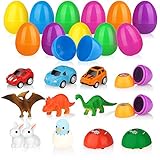 Baztoy Easter Eggs Plastic Bulk Easter Toy Gifts Party Favor Filler with Surprise Mini Toys contain Dinosaurs Vehicles Rabbits Stampers and Nestling, Decoration Resurrection Egg Toy for Kids Toddlers Boys and Girls (12 Pack)