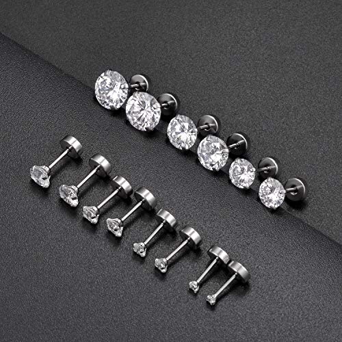 Tornito 7 Pairs 20G Stainless Steel Stud Earrings Round Cubic Zirconia Barbell Earring Set For Men Women 2MM-8MM - Thumbnail 2