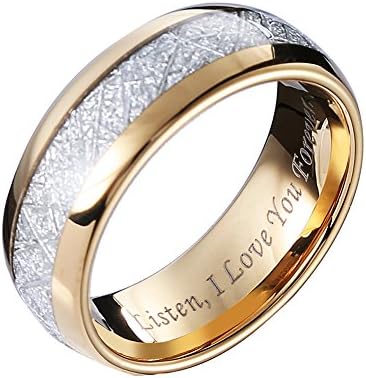 Shiny 8mm Domed Tungsten Carbide Ring Imitated Meteorite Inlay 18K Gold IP Plated Jewelry Wedding Band Comfort Fit Size 6-14 for Men &amp; Women (8)